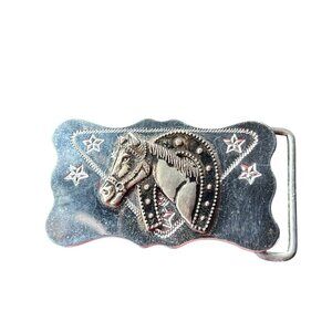 Vintage Western Belt Buckle Horse With Horseshoe Star Accent Silver Tone Finish